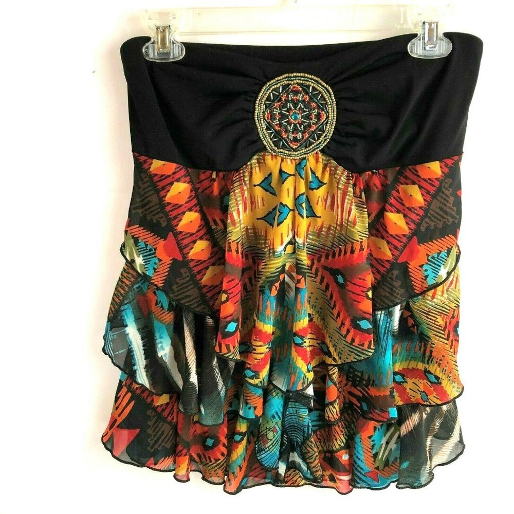 Perseption Womens Aztec Tiered Embellished Skirt S